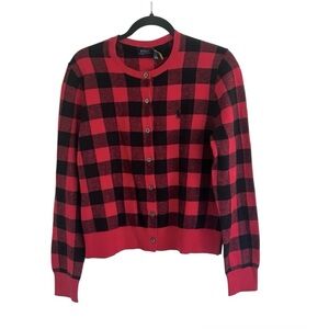 Polo Ralph Lauren Red Cotton Wool Blend Plaid Check Cardigan NWT Large